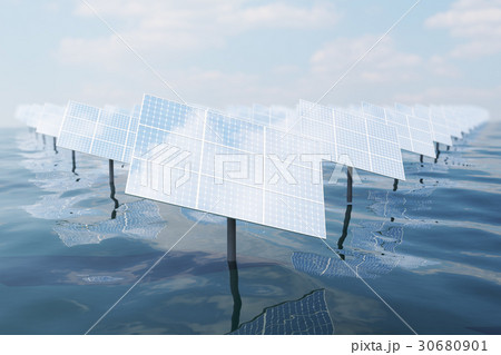 3D illustration of big solar panels on sea, ocean 3D illustration of big solar panels on sea, ocean 30680901