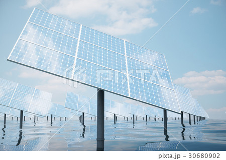 3D illustration of big solar panels on sea, ocean 30680902