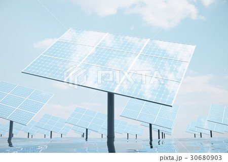 3D illustration of big solar panels on sea, ocean 3D illustration of big solar panels on sea, ocean 30680903
