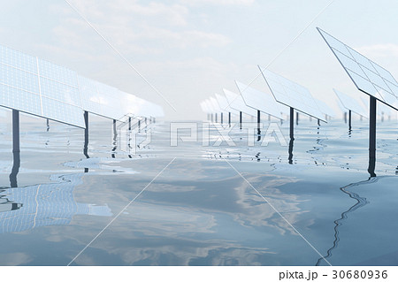 3D illustration of big solar panels on sea, ocean 30680936