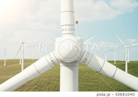 3d illustration, wind turbine with sunset sky 30681040