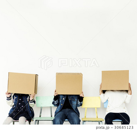 Group of Kids Box Cover Head Hiding Gesturing 30685123