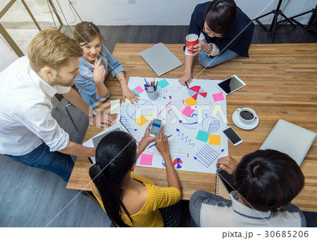 Top view of Group Of Asian and Multiethnic Business people with casual suit working and brainstorming together in the modern Office, Top view, people business group concept 30685206