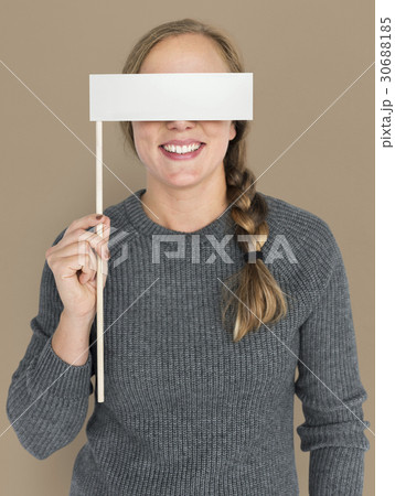 Caucasian Woman Holding Flag Covering Eyes 30688185