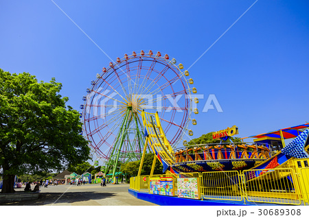 国営ひたち海浜公園 プレジャーガーデンの遊具 ディスクオーと大観覧車の写真素材