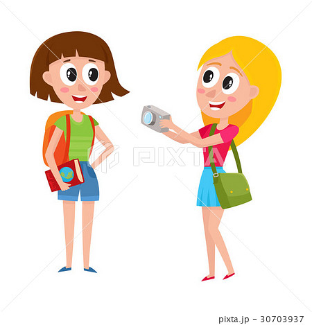Two girls, women tourists travelling together, one Two girls, women tourists travelling together, one 30703937