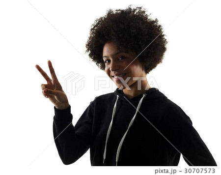 young teenager girl woman peace sign gesture 30707573