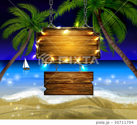 summer wooden sign on tropical beach background 30711704