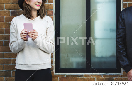 Woman Using Smart Phone Connection Techie Woman Using Smart Phone Connection Techie 30718924
