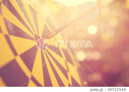 Blue dart arrow in the center of dartboard. Blur and bokeh in sunrise time background. Warm vintage effect style 30722549