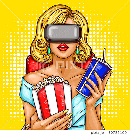 Vector pop art woman watching movie with virtual 30725100