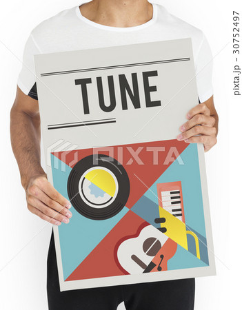 Man holding banner of music audio passion leisure activity Man holding banner of music audio passion leisure activity 30752497