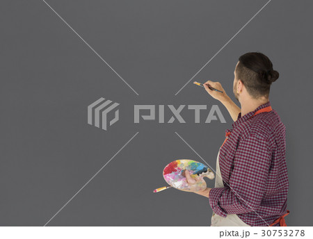 Man Artist Painting Illustration Palette Brushes Studio Man Artist Painting Illustration Palette Brushes Studio 30753278