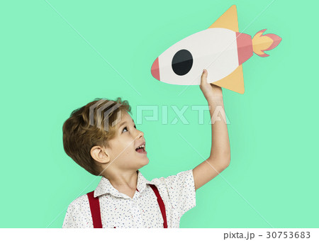 Little Boy Smiling Happiness Paper Craft Arts Rocket Studio Portrait Little Boy Smiling Happiness Paper Craft Arts Rocket Studio Portrait 30753683