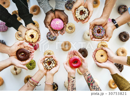 People Hands Hold Share Doughnuts 30753821
