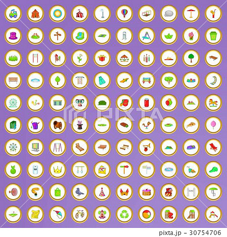 100 amusement park icons set in cartoon style 30754706