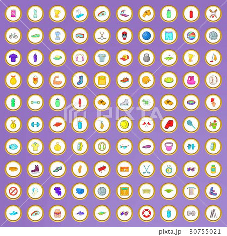 100 sport and fitness icons set in cartoon style 30755021