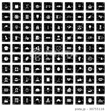 100 tea time food icons set, grunge style 30755116