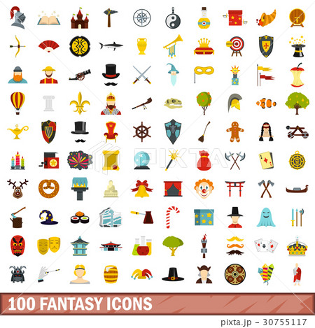 100 fantasy icons set, flat style 30755117