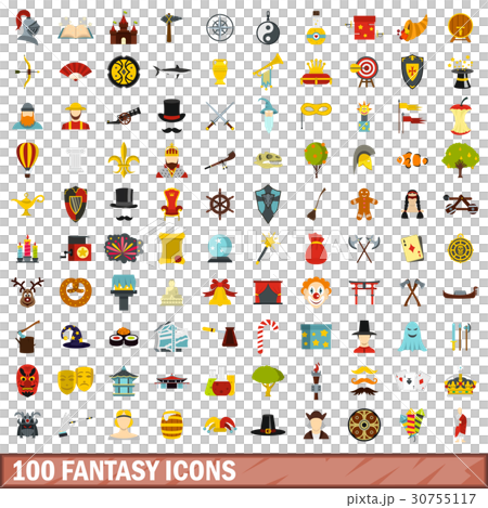 100 fantasy icons set, flat style 30755117