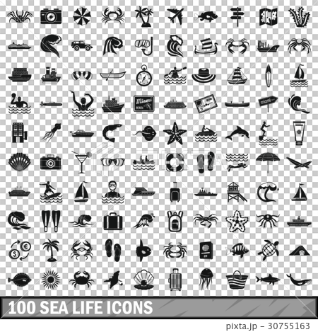 100 sea life icons set, simple style 100 sea life icons set, simple style 30755163