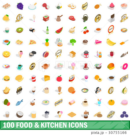 100 food and kitchen icons set, isometric 3d style 30755166