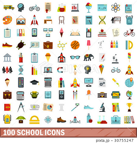 100 school icons set, flat style 30755247