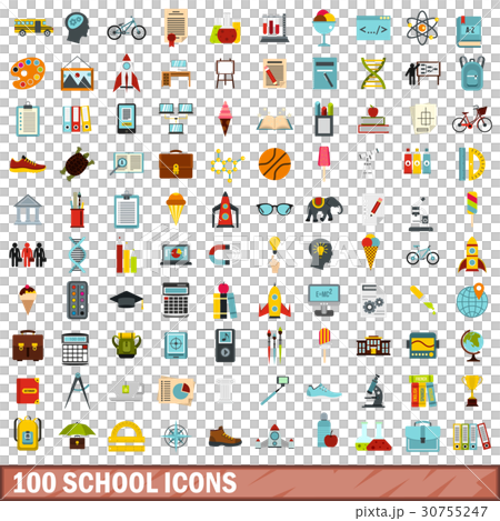 100 school icons set, flat style 30755247