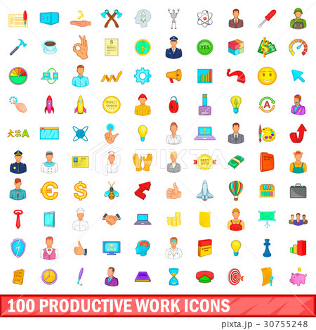 100 productive work icons set, cartoon style 30755248