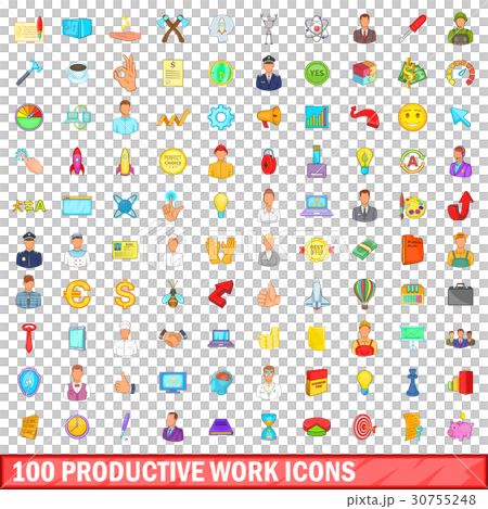 100 productive work icons set, cartoon style 30755248