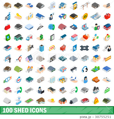 100 shed icons set, isometric 3d style 100 shed icons set, isometric 3d style 30755251