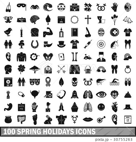 100 spring holidays icons set, simple style 30755263