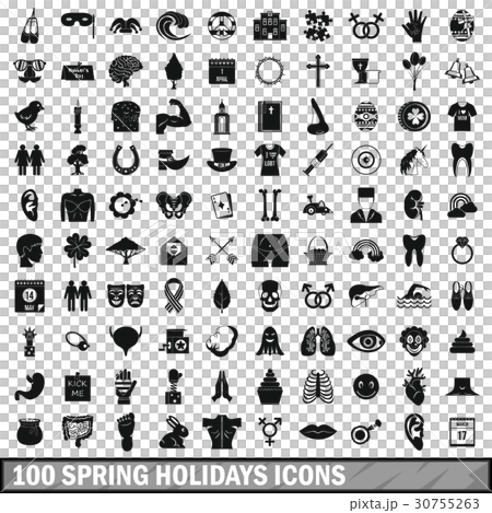 100 spring holidays icons set, simple style 30755263