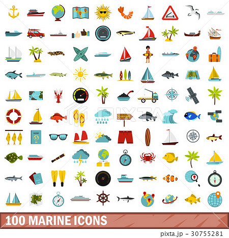 100 marine icons set, flat style 30755281