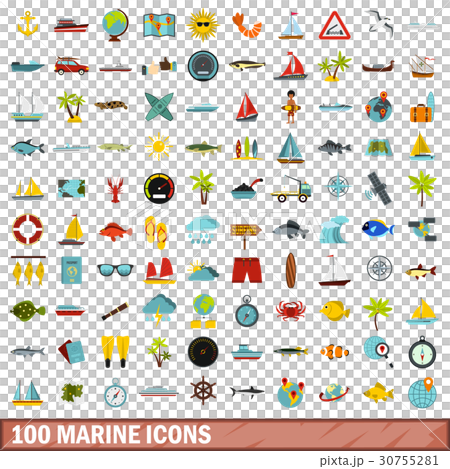 100 marine icons set, flat style 30755281