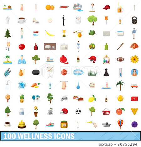100 wellness icons set, cartoon style 30755294