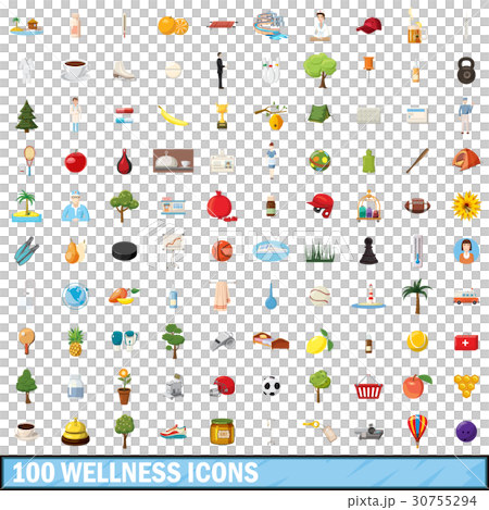 100 wellness icons set, cartoon style 30755294
