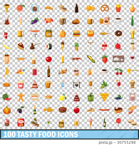 100 tasty food icons set, cartoon style 30755298