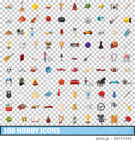 100 hobby icons set, cartoon style 30755345