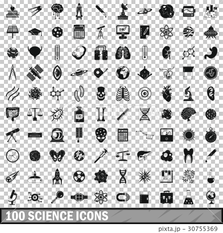 100 science icons set, simple style 30755369