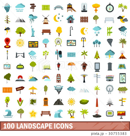 100 landscape icons set, flat style 100 landscape icons set, flat style 30755383
