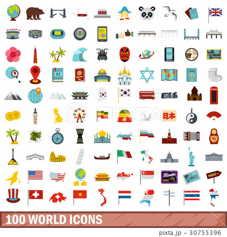 100 world icons set, flat style 30755396