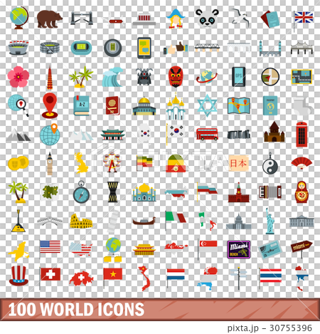 100 world icons set, flat style 30755396