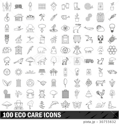 100 eco care icons set, outline style 30755632