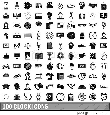 100 clock icons set, simple style 30755785