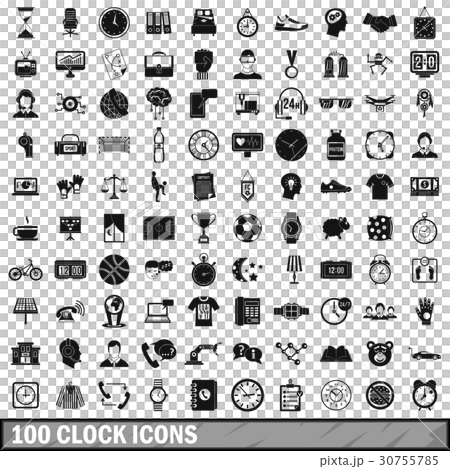 100 clock icons set, simple style 30755785