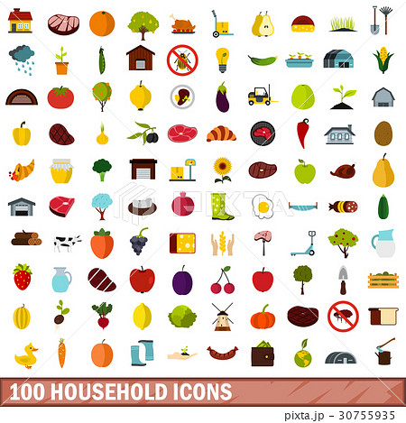 100 household icons set, flat style 30755935