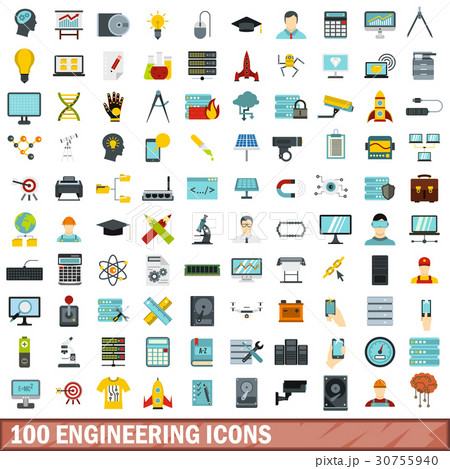 100 engineering icons set, flat style 30755940
