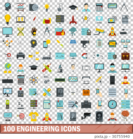 100 engineering icons set, flat style 30755940