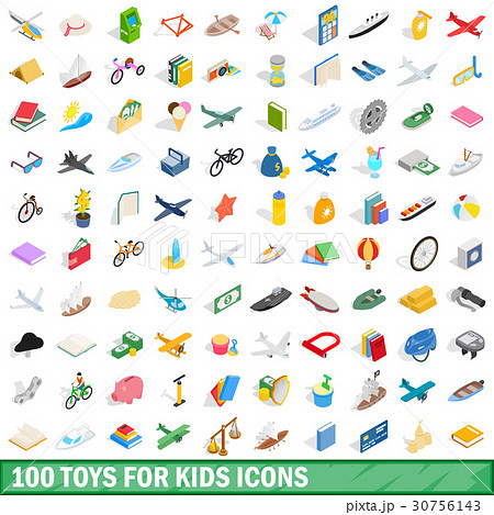 100 toys for kids icons set, isometric 3d style 30756143